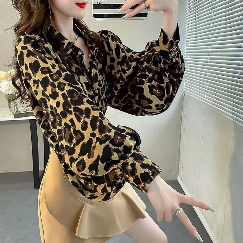 Summer New Women's Printed Leopard Polo Neck Shirts Fashion Korean Commute Loose Lantern Sleeve Single-breasted Chiffon Blouses