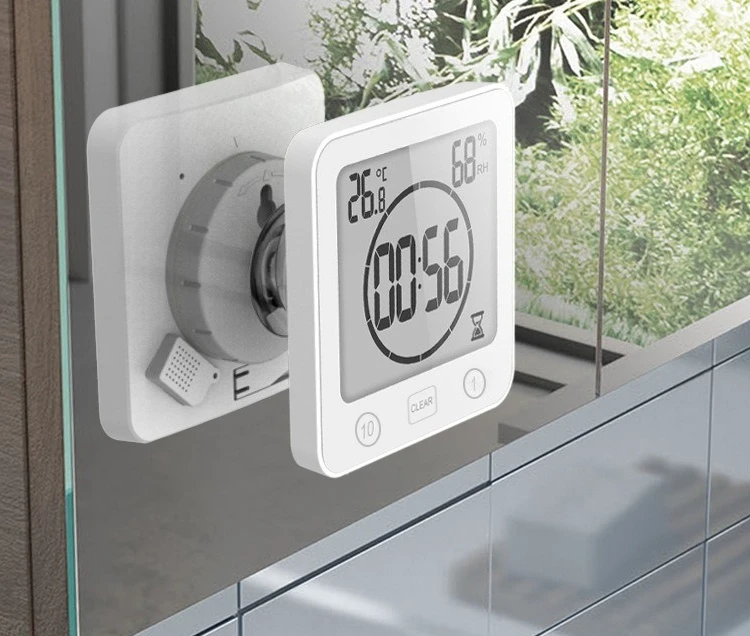 1/10 Minute Waterproof Bathroom Clock Wall Clock Hygrometer with Suction Cup Kitchen Countdown Timer