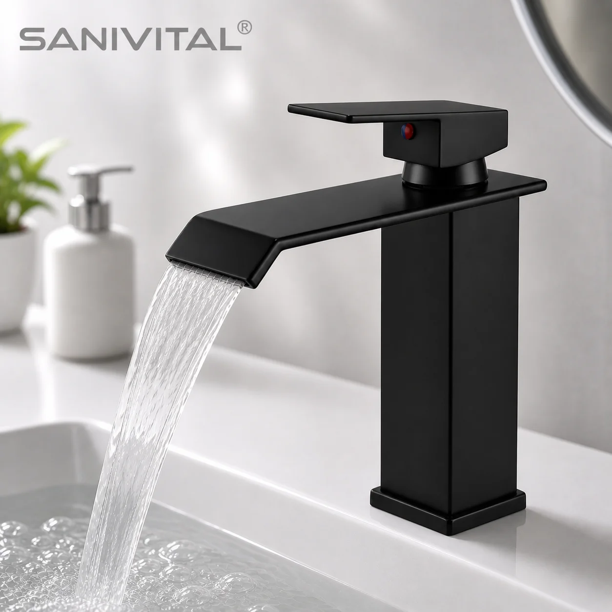 

SANIVITAL Modern Matte Black Waterfall Basin Faucet Hot Cold Mixer Tap Single Handle Bathroom Sink Faucet Durable Deck Mount