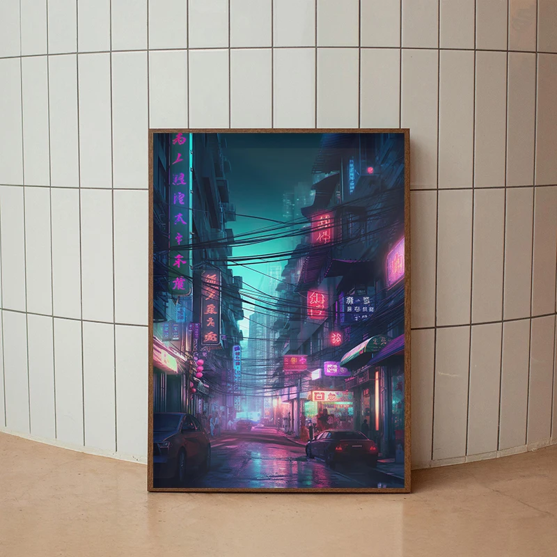 Cyber Neon City Poster Futuristic Street Luxury Sport Car Skyscraper Scene Canvas Painting Print Wall Art Aesthetic Home Decor