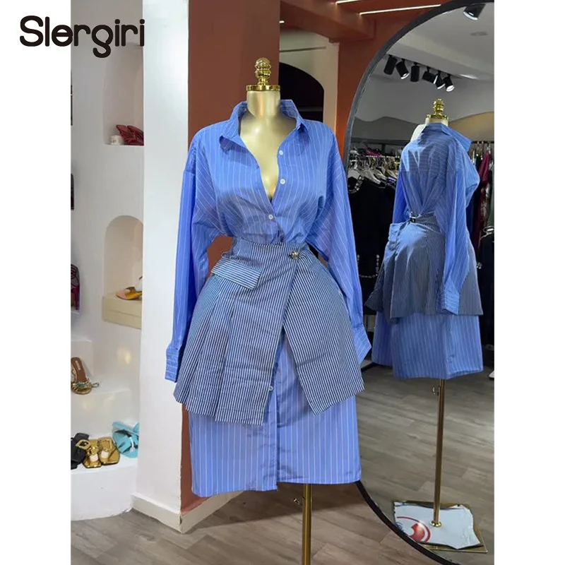

Slergiri Dress Sets Women Fashion New 2026 Spring Striped Long Sleeve Shirt Dress + Waistband 2 Pieces Set Woman Holiday Outfits