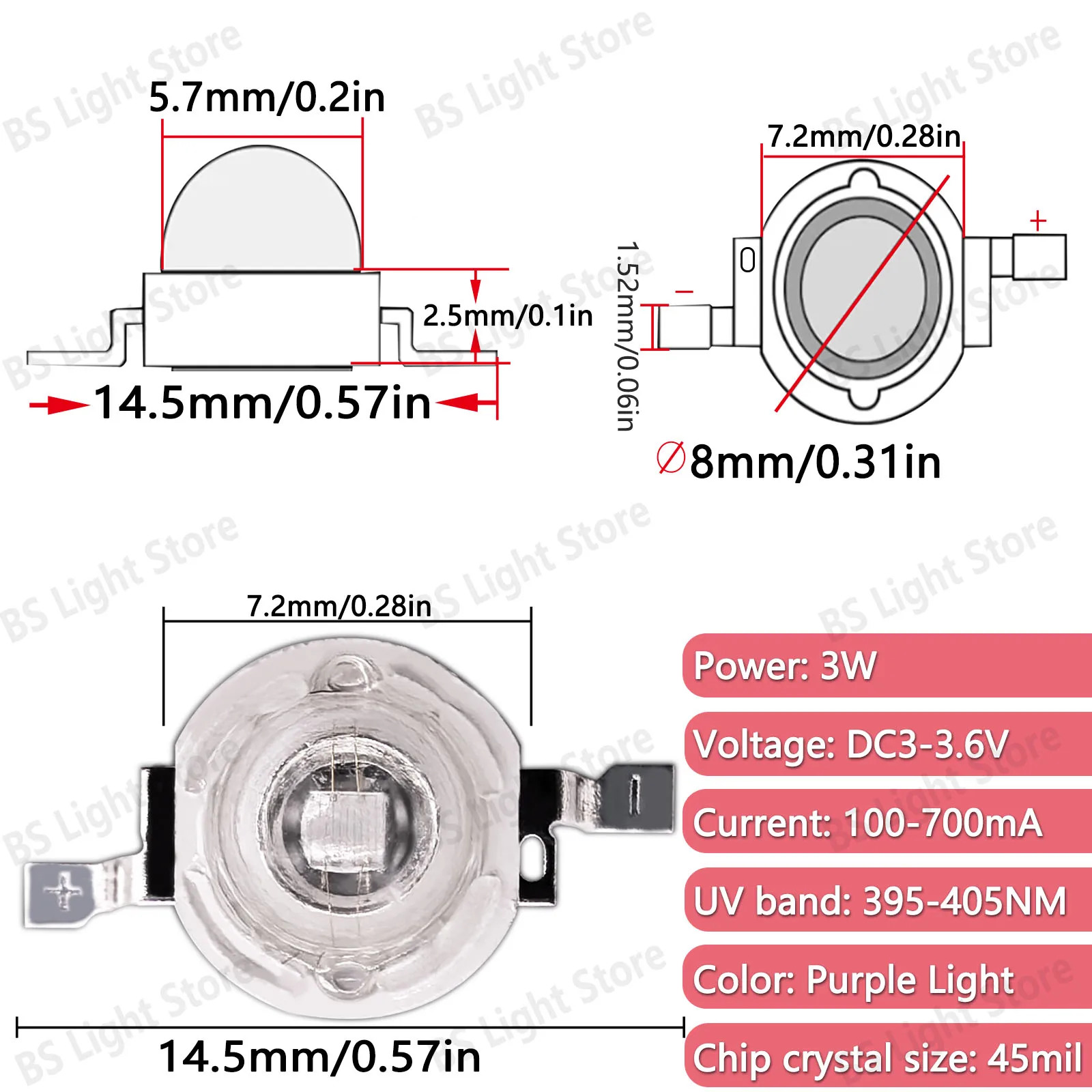 10/50/100pcs 3W led uv 3V high-power bead purple light 395-405nm LED bulb light source made used spotlights downlight Nail lamp