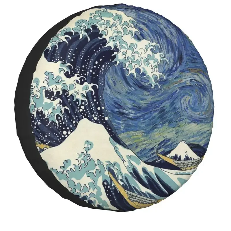 Starry Night Great Wave Off Kanagawa Spare Wheel Tire Cover for Toyota Land Cruiser Prado Jeep RV SUV 4WD 4x4 14