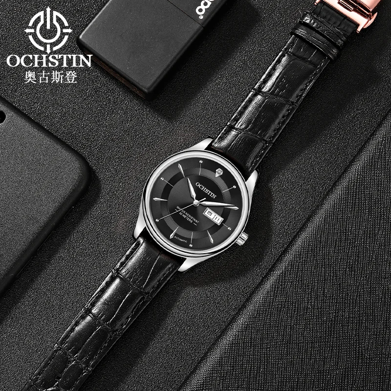 ساعات OCHSTIN للرجال بحركة ميكانيكية أوتوماتيكية، ساعة يد بحزام جلدي للرجال، ساعة عصرية مقاومة للماء يوميًا
