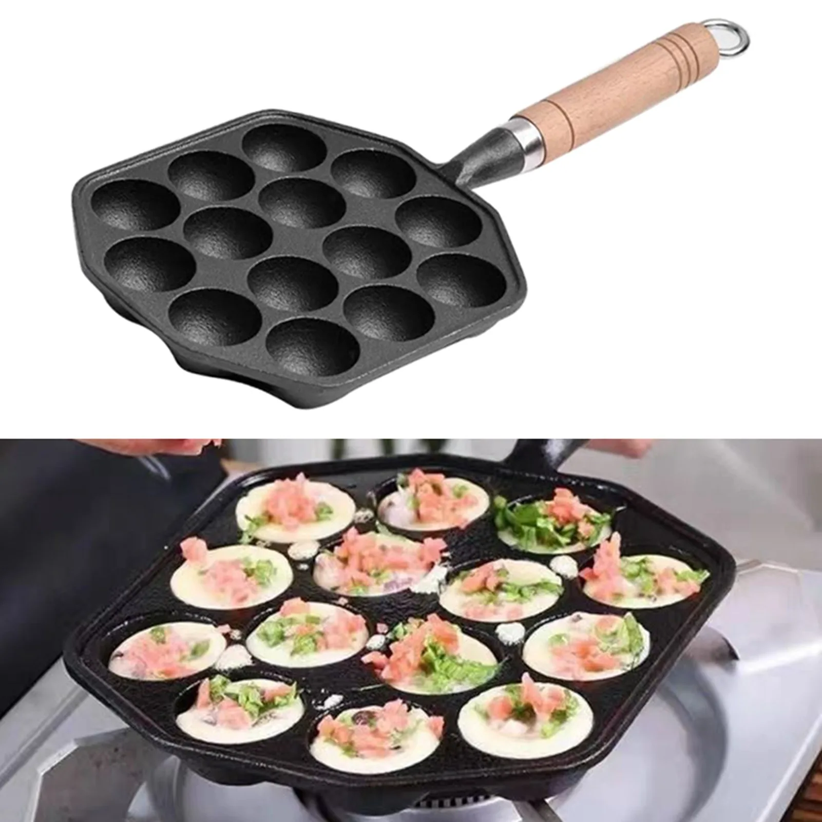 ZK40 14 Holes Takoyaki Pan Nonstick Cast Iron Octopus Meat Balls Mold Maker with Detachable Handle for Home Pancake Baking