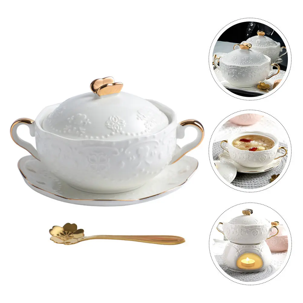 

1Set Ceramic Double-Handled Dessert Bowl with Lid and Spoon Elegant Stew Soup Bowl for Home Restaurant Party Kitchen Tableware