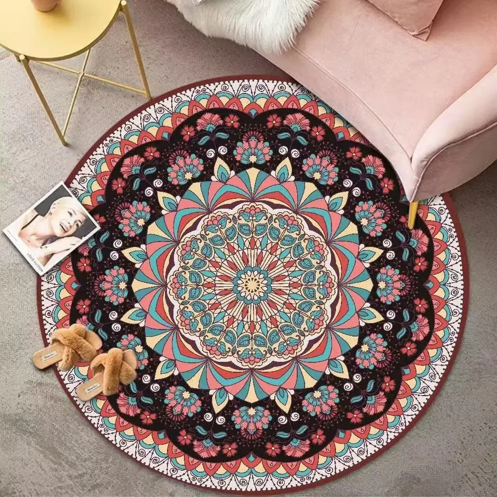 Luxury Flower Round Rug – Ethnic Style Modern Decor Carpet for Living Room Bedroom Study, Non-Slip