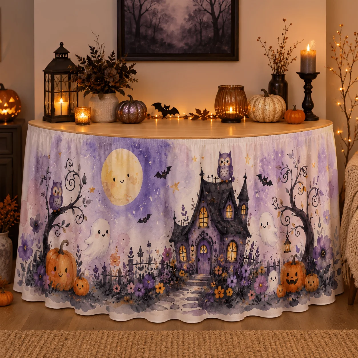 One tablecloth or table skirt - watercolor purple ghost house - ghost owl - pumpkin table cover is suitable for festivalszyc