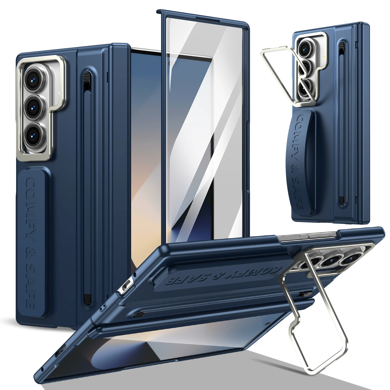 Luxury Camera Holder Hinge Protection PC Hard Phone Case for Samsung Galaxy Z Fold 7 6 5 4 3 Shockproof with Pen Holder Cover