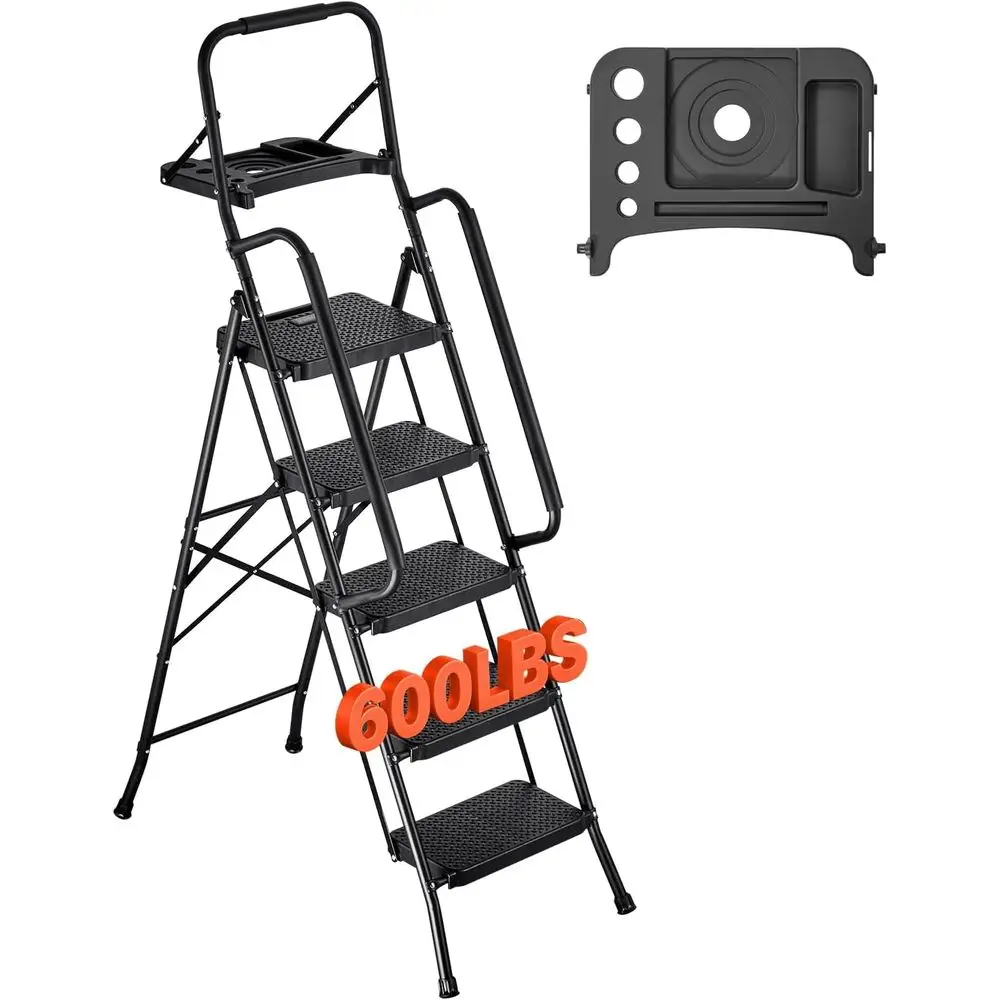 

5-ступенчатая складная лестница-стремянка с широкими противоскользящими ступенями, поддоном для инструментов, двойными боковыми поручнями, грузоподъемностью 600 фунтов, портативная стальная лестница.