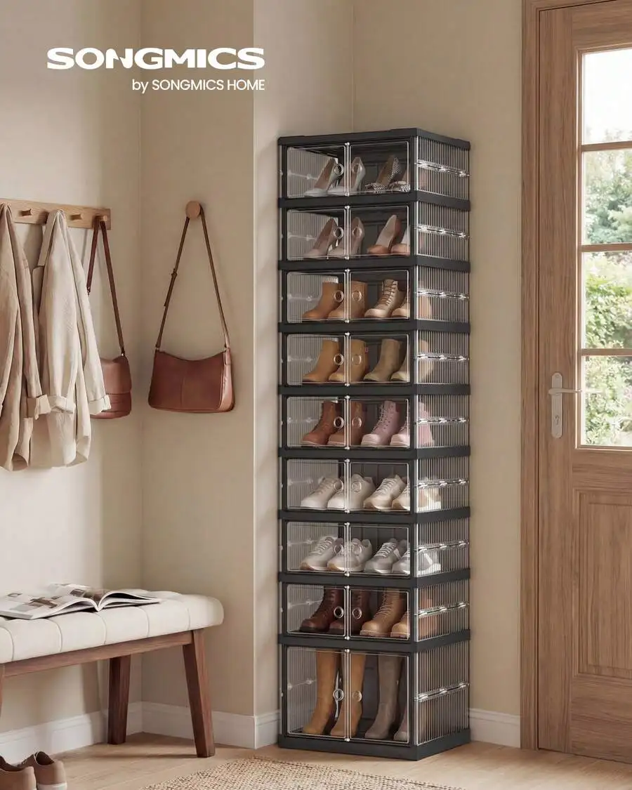 Foldable Shoe Storage Organizer, 9-Tier For 18 Pairs Stackable Sneaker Cabinet With Magnetic Door, Plastic Bins For Closet, Entr