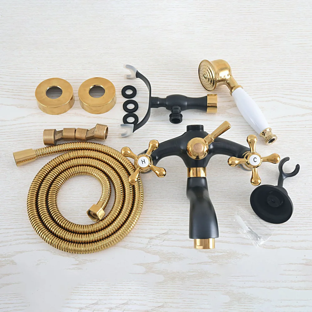 Gold & Black Oil Rubbed Brass Wall Mounted Bathroom Bath Tub Faucet Set with 1500MM Hand Held Shower Spray Mixer Tap 2na581