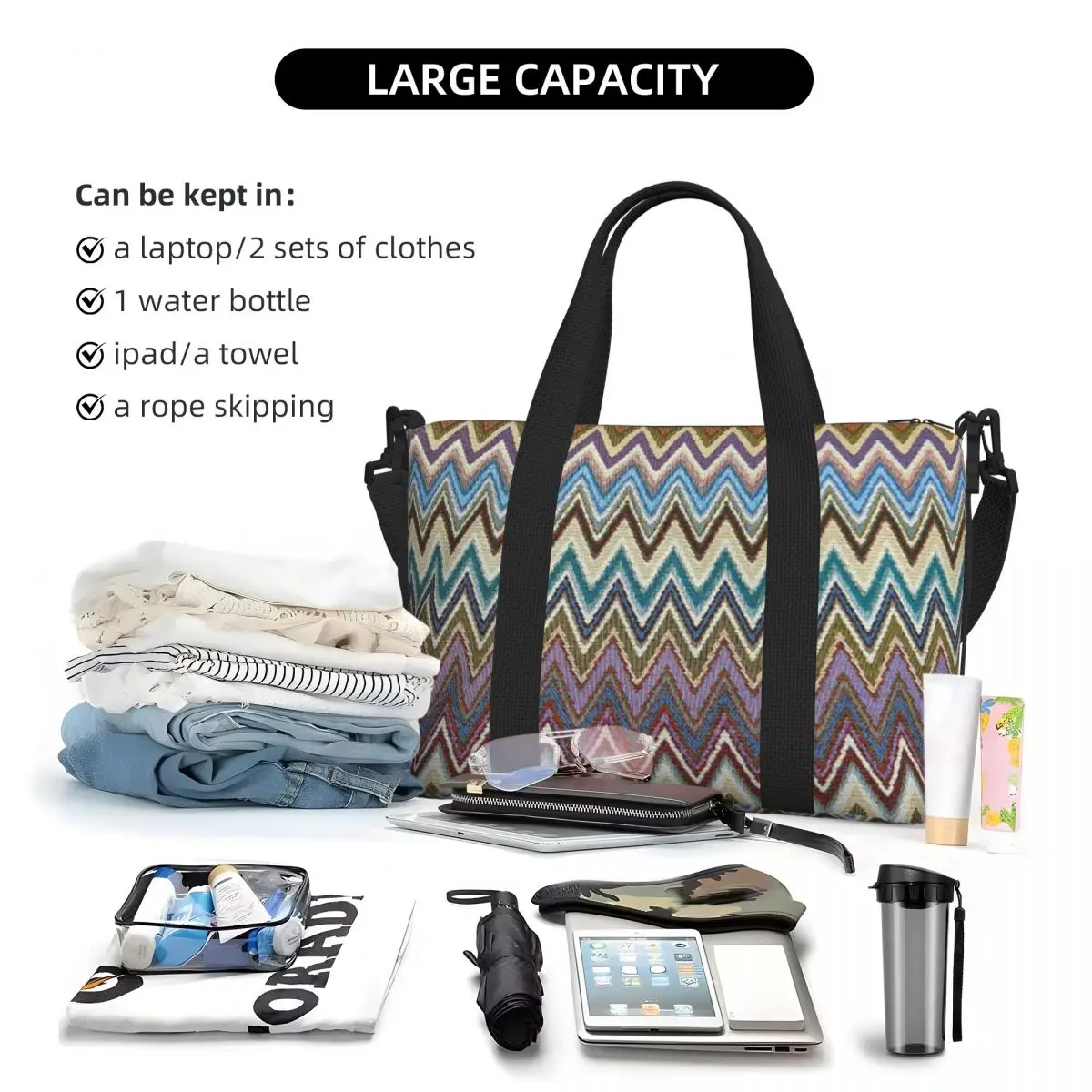 Tas Tote Perjalanan Pantai Multiwarna Geometris Zigzag Modern Boho Chic untuk Tas Bahu Duffel Belanja Wanita Olahraga Gym
