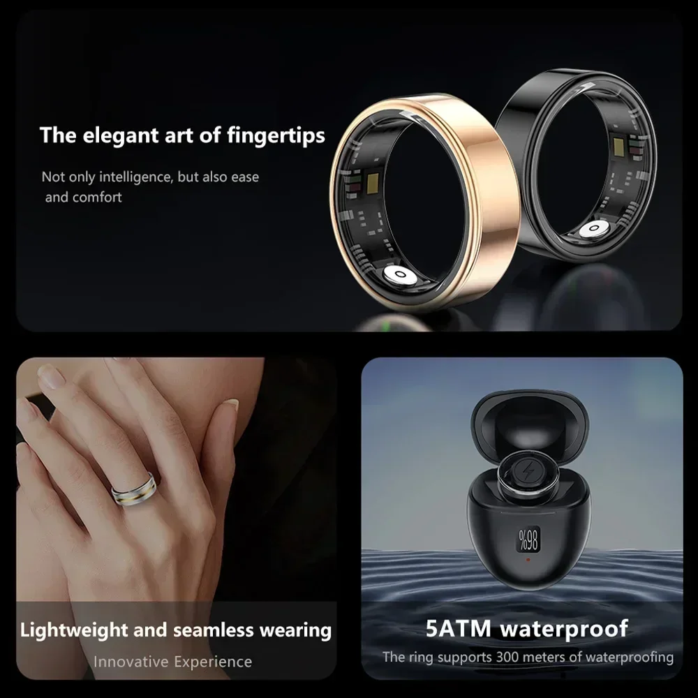 LlNuyoah-anillo inteligente SR03 para hombre y mujer, Monitor de frecuencia cardíaca y oxígeno en sangre, color negro brillante y plateado, IP68 y 5ATM, 2024