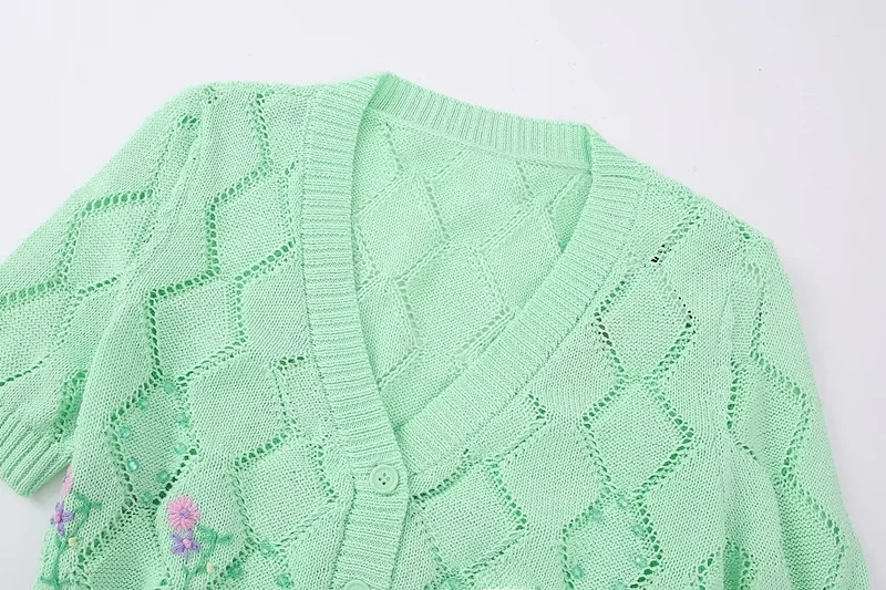 유행 V 넥 짧은 소매 니트 여성 여름 새 스타일 다목적 의류 통근 스타일 순수 컬러 버튼 업 카디건