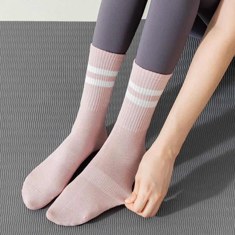 Cotton Mid-calf Yoga Socks Solid Color Striped Professional Non-slip Pilates Socks indoor Fitness Dance Floor Socks Sports Socks