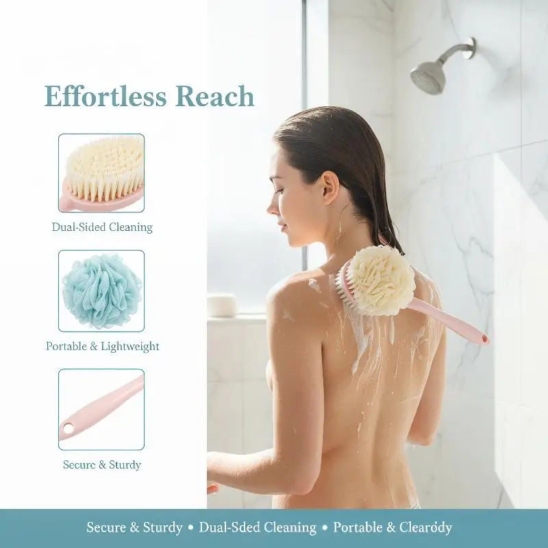 Soft Loofah And Bristles Bath Body Brush For Women And Men - Curved Long Handled Shower Brush For Body, Face, And Spa Washing