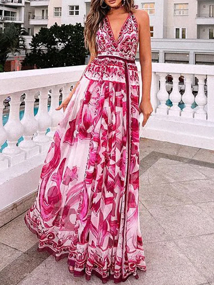 

2024 Sexy Backless Printing Patchwork Party Dress, Women Summer Sleeveless Elegant Fashion Maxi Dress, Deep V-Neck Ladies Dress