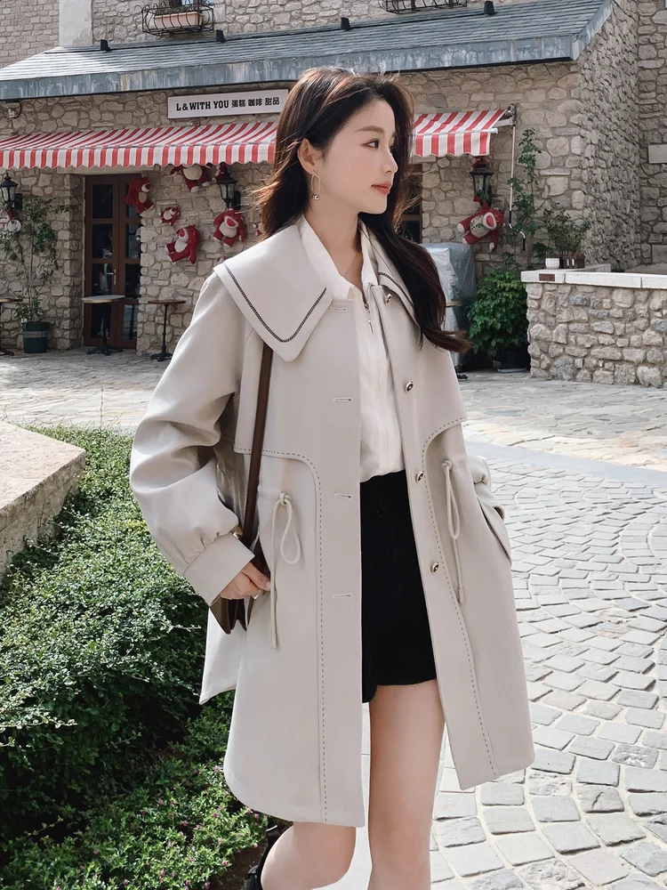 الفرنسية ربيع الخريف الحلو الرجعية الأبيض سترة واقية بسيطة أزياء أنيقة مريحة طويلة دمية طوق الرباط زر معطف