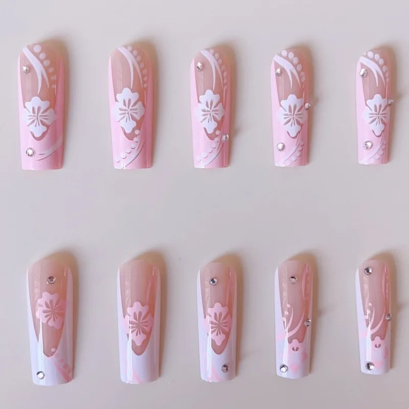 24Pcs Pink & White Long Coffin Nail Tips Set Glossy Full Cover Fake Nail with Floral for Women&Girls Daily&Valentine's Day Wear