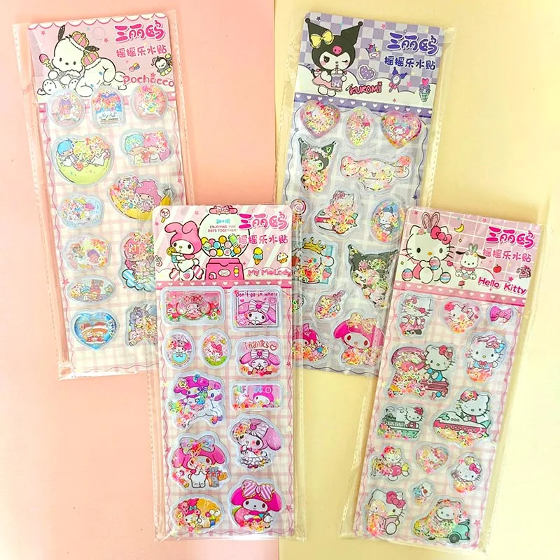 Sanrio Kawaii Água Adesivos, Melodia, Cinnamoroll, Kuromi, 3D Decorativo, Bonito Papelaria Presente, Material Escolar, 8Pcs por lote