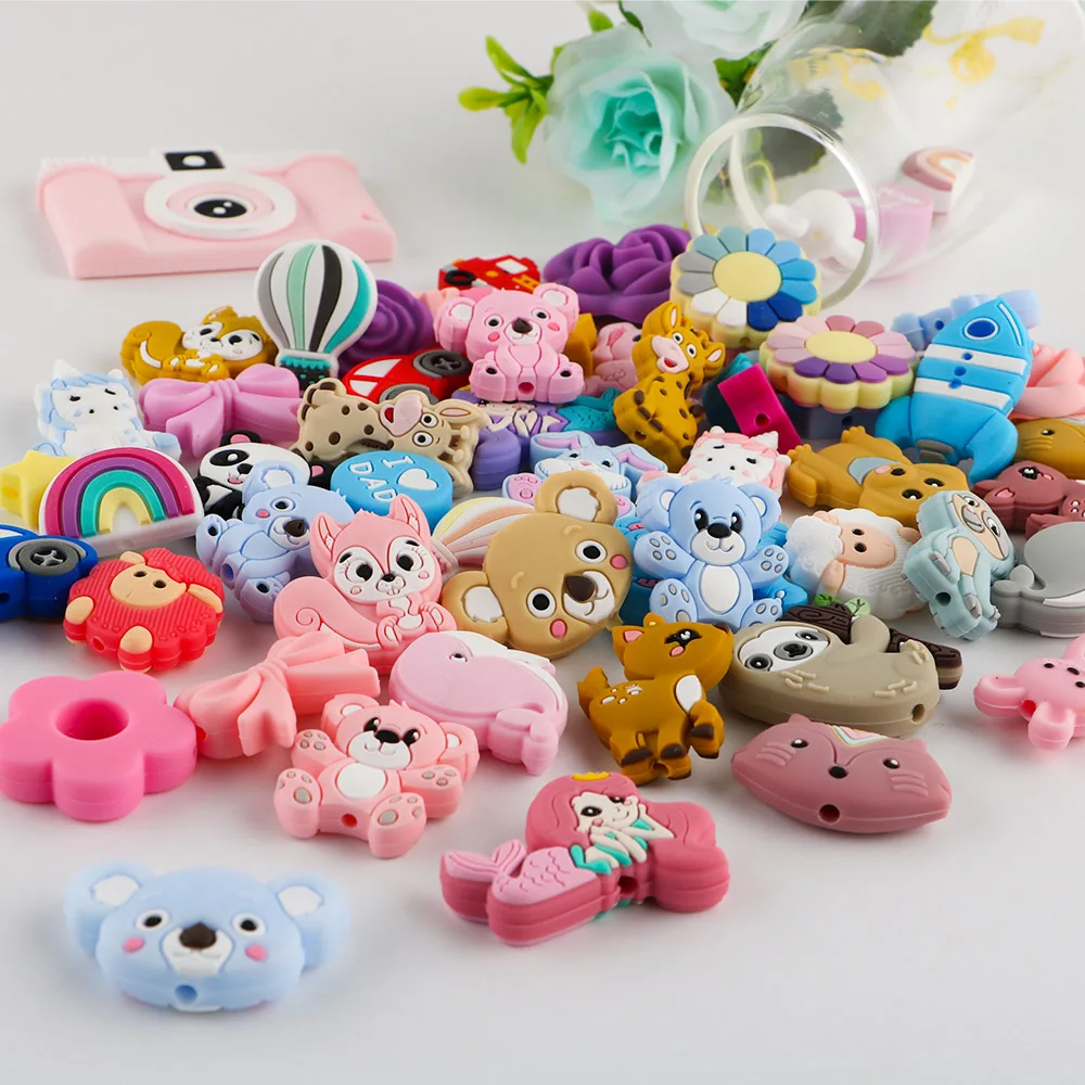 10Pcs Baby Silicone Beads Food Grade Silicone Teether Chewing Beads Cartoon Animal DIY Baby Pacifier Chain Toy