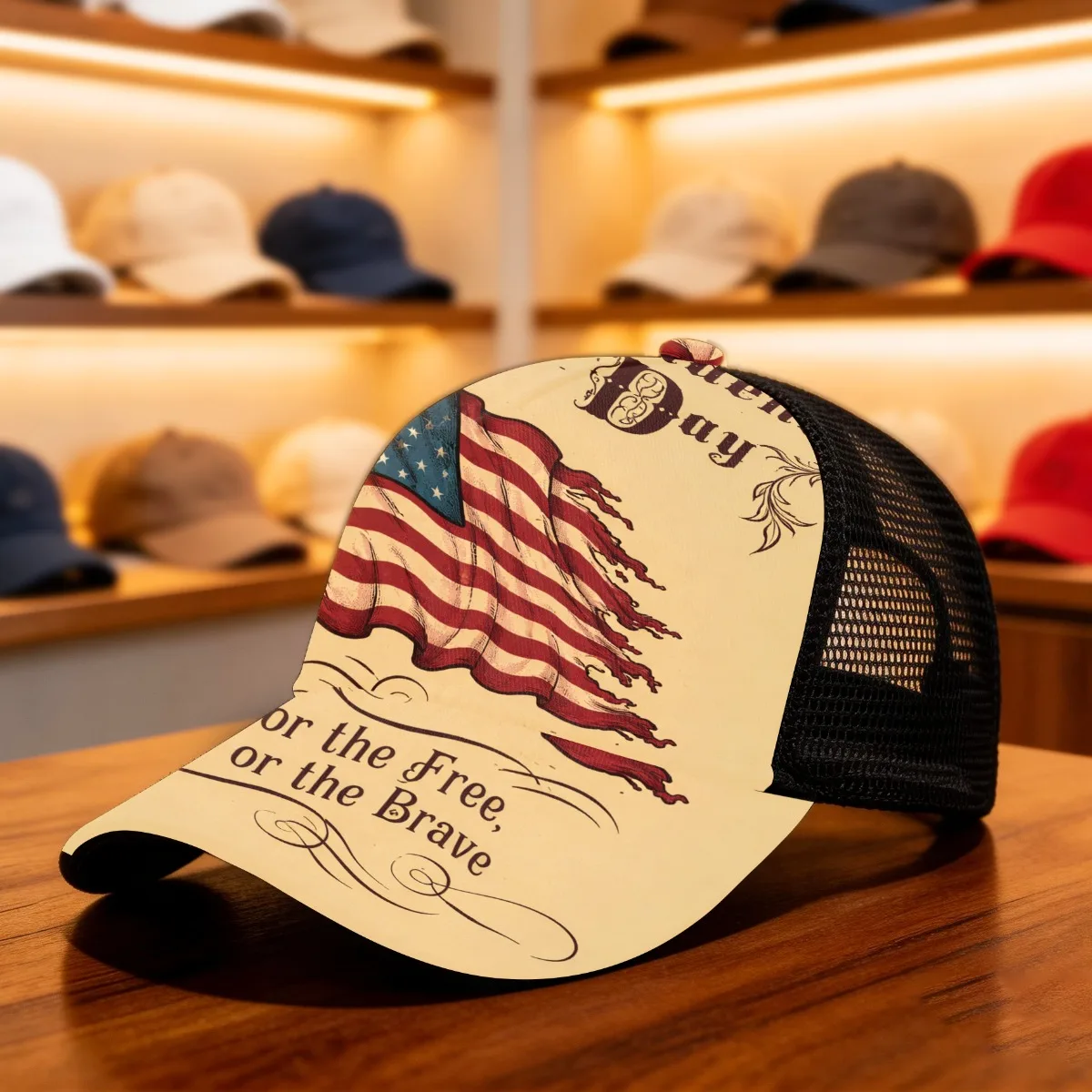 1pc American Independence Poster All-Over Print Duckbill Hat Mesh Cap Pattern Print Versatile Fashionable Streetwear Dad Hat