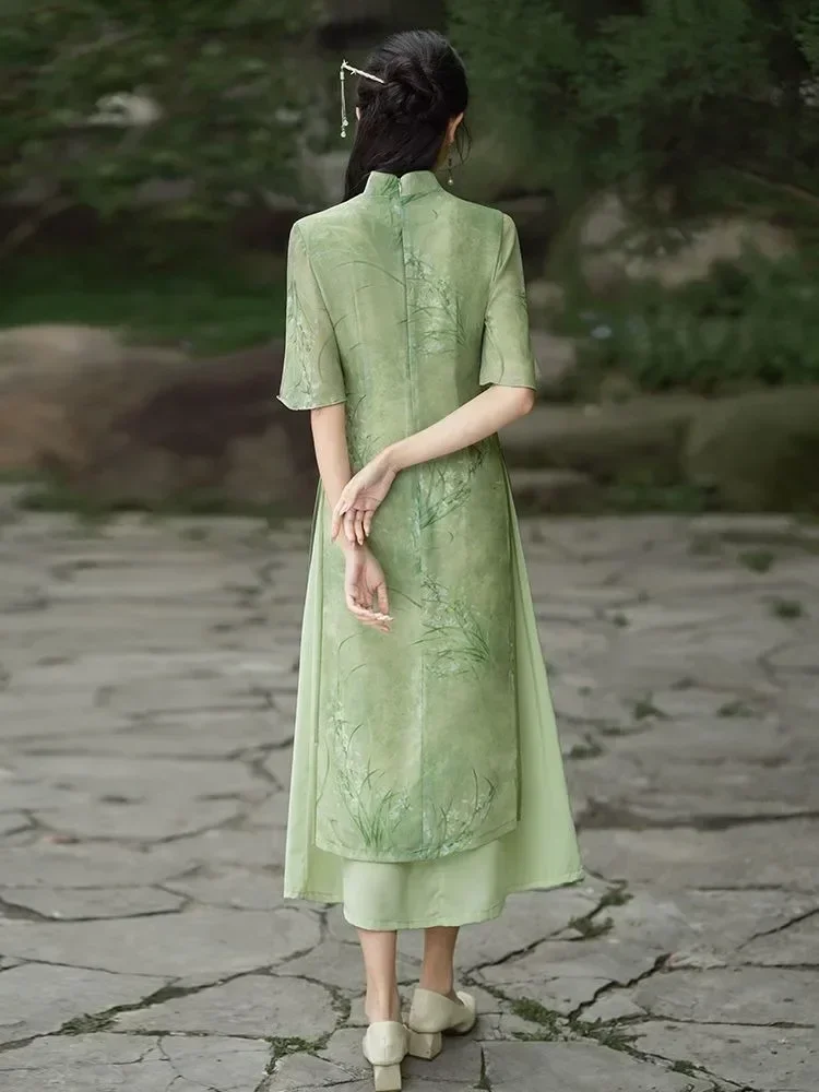 High-end Modern Cheongsam Dress Green Women\'s Clothing 2024 Improved Retro Chinese Traditional Elegant Chiffon Dress Pink Qipao