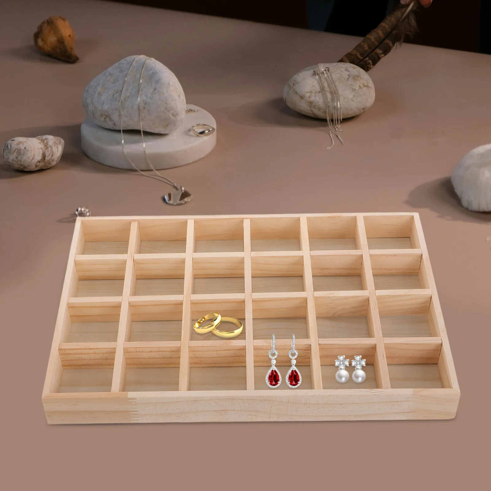 

Wooden Jewelry Storage Tray Solid Wood Compartment Display Box for Necklaces Bracelets Rings Earrings Beads Ornaments Home