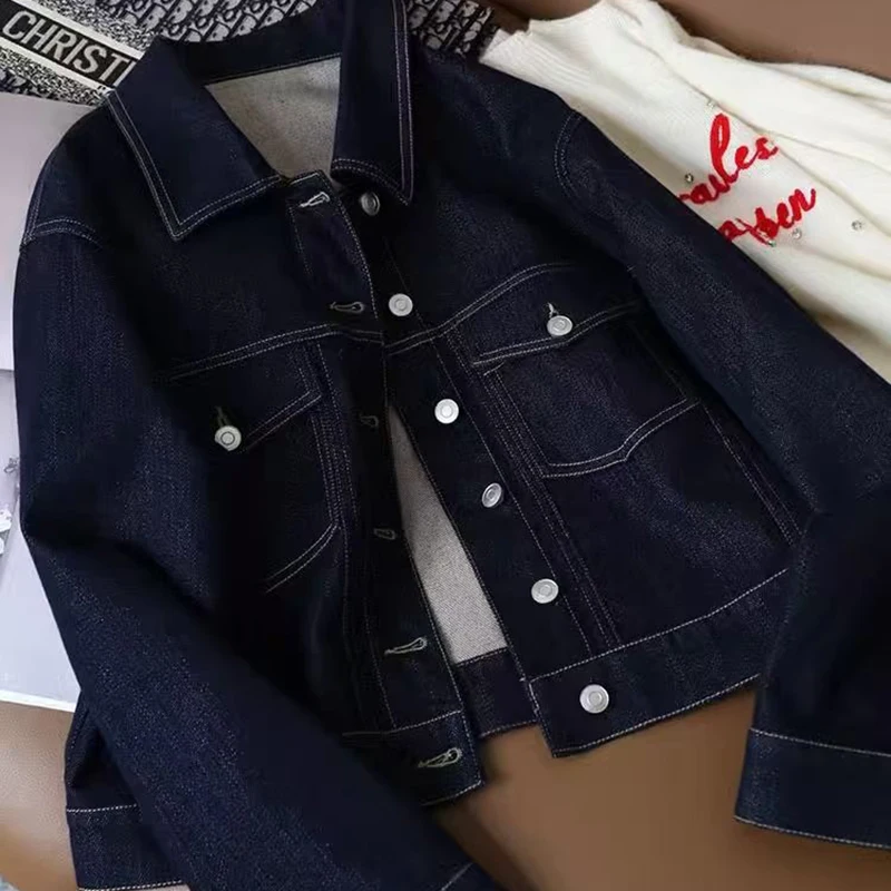 Vintage Dark Blue Denim Jacket Women's 2025Autumn Short Open line Lapel Denim Coats Bomber Jeans Outwear Clothes Long Sleeve Top