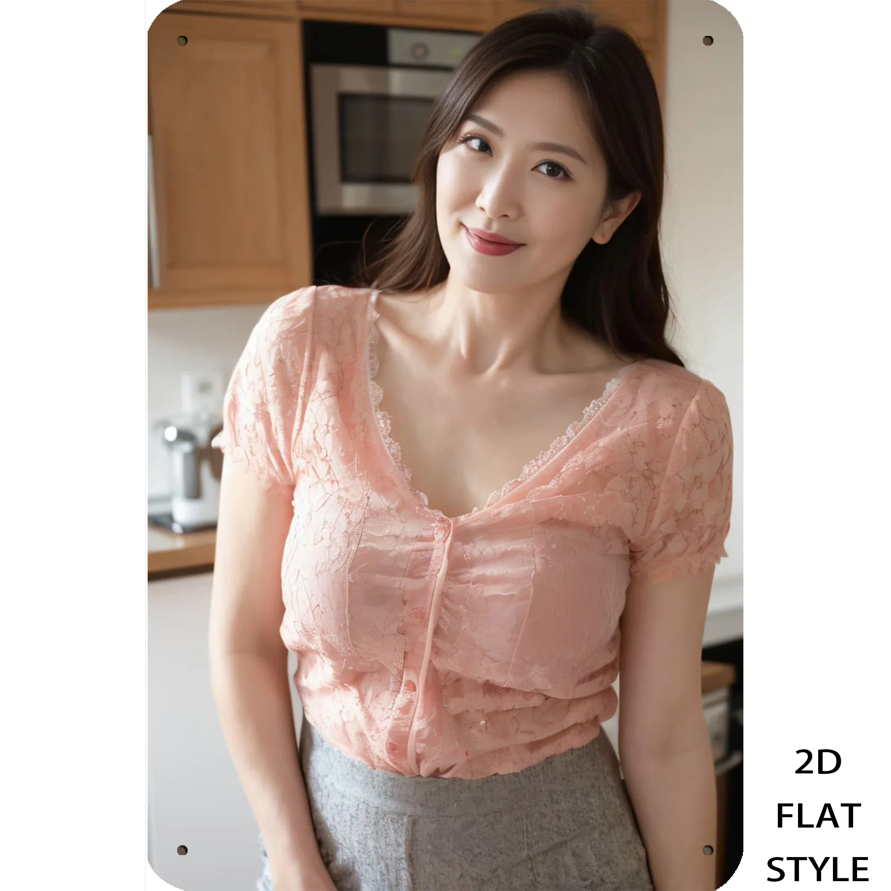2D Flat Retro Iron Sign, Woman in Pink Lace Top & Gray Skirt Kitchen Poster, Metal Wall Art Decor for Home Bar Garage Man Cave