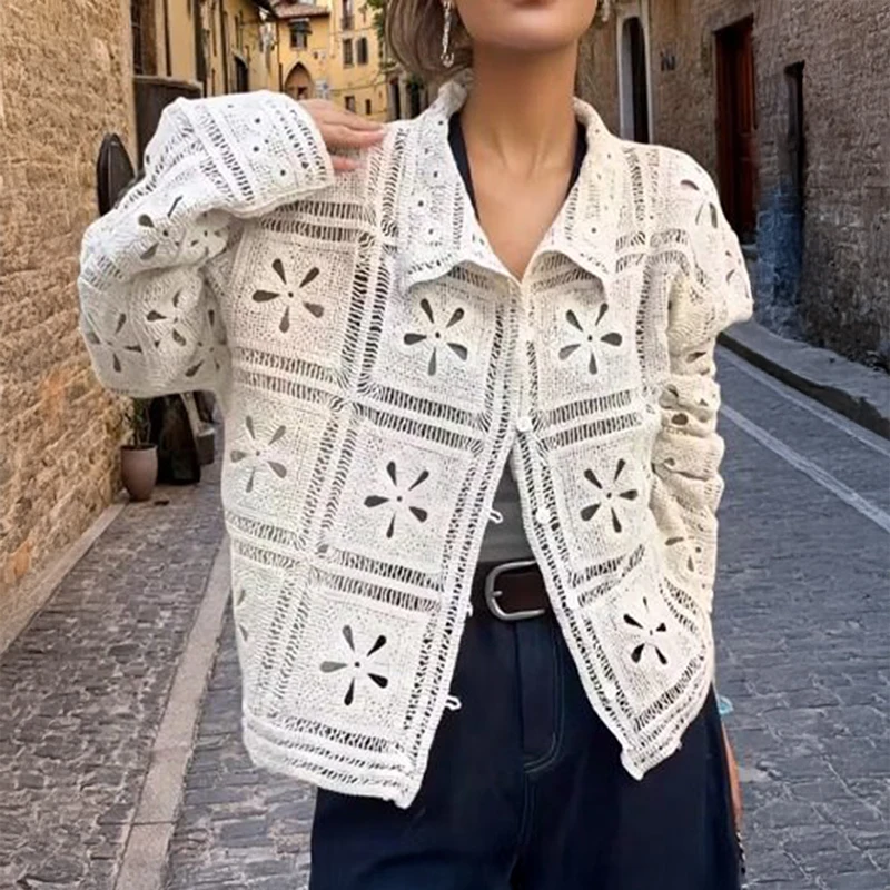 Granny Square Crochet Cardigan for Women Open Stitch Knitted Long Sleeve Collared Button-up Lace Jacket Spring Summer 2026 Boho