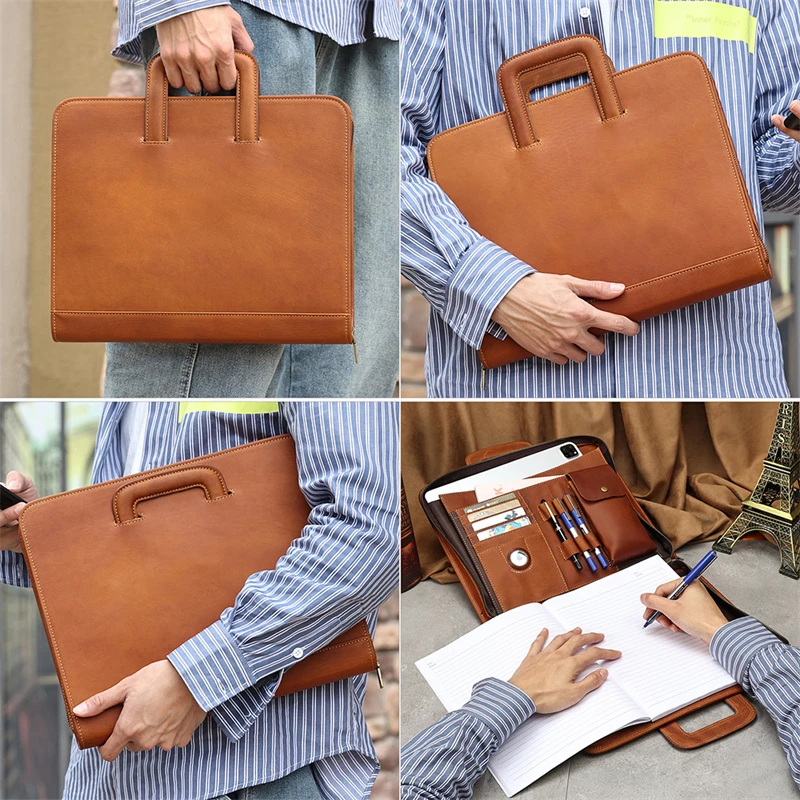 Highend A4 Brown Genuine Crazy Horse Leather Office Women Men Briefcase Portfolio Handbag Document File Male Bag Cluch M2115