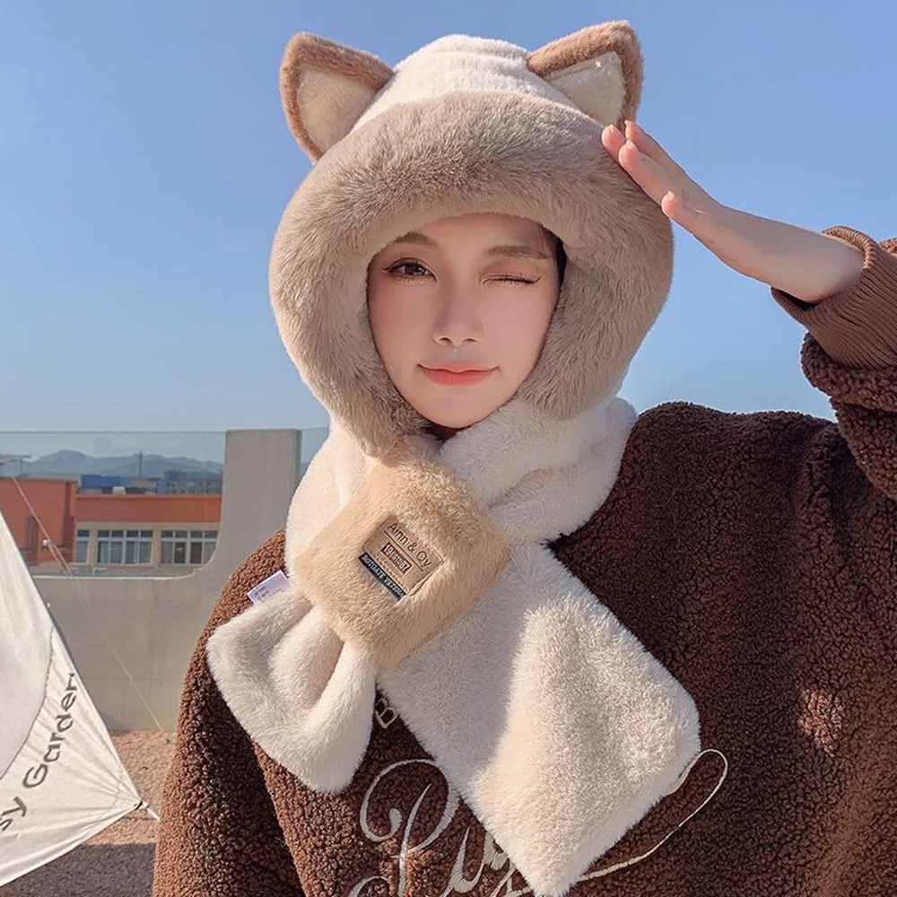 Women Hat Scarf all-in-one Winter Versatile Cute Plush Cap Warm Thickened anti-freezing Windproof Hooded Scarf Hot