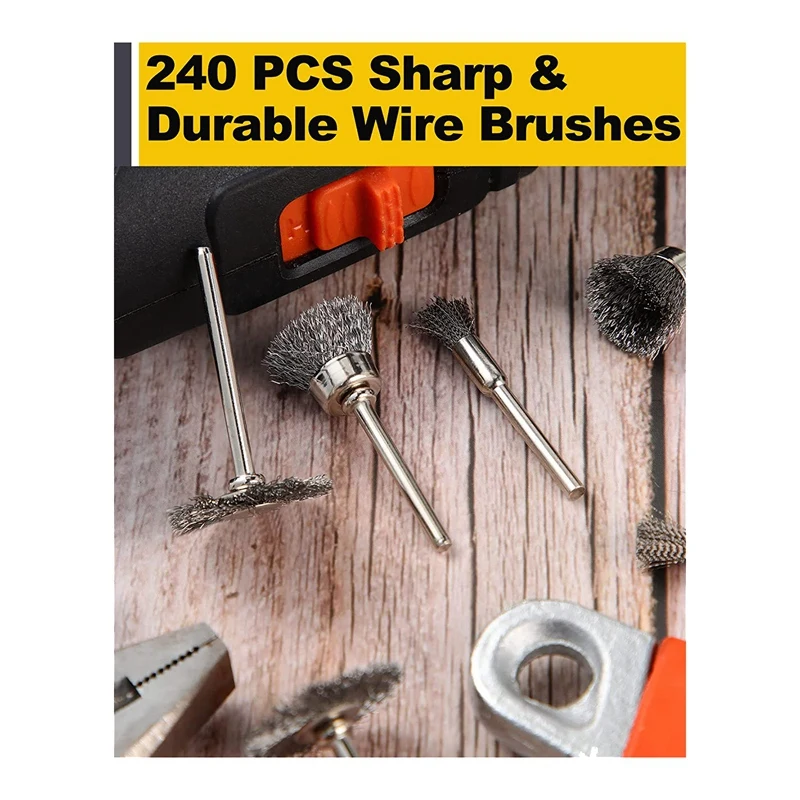 240 Pcs Wire Cup Brush Abrasive Wire Wheel Pen Brushes Kit Accessories Drill Rust 3 Millimeter Mandrel