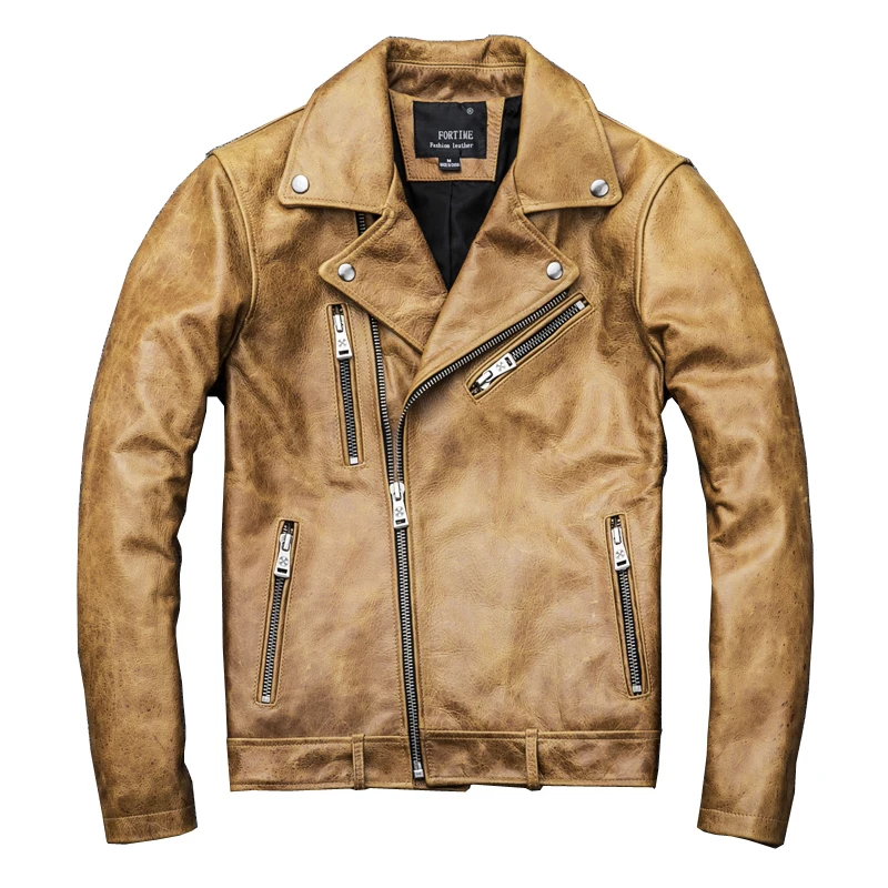 سترة كلاسيكية كلاسيكية من جلد البقر من الطبقة الأولى للرجال سترة جلدية بقصة ضيقة وقصيرة الطول سترة دراجة نارية شديدة التحمل