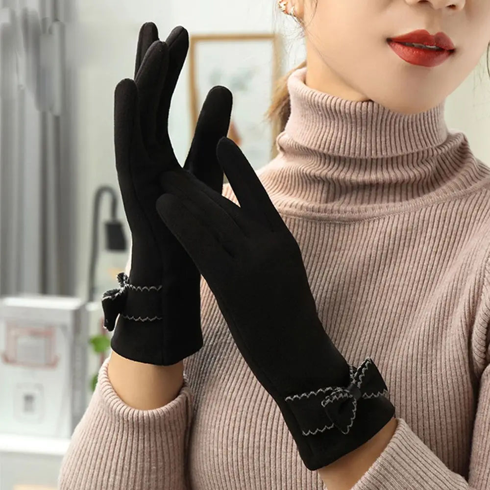 Full Finger Bow Solid Color Ladies Winter Accessories Women's Gloves Korean Style Mittens Touch Screen Gloves German Fleece