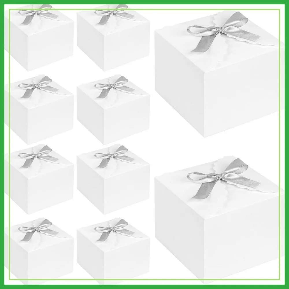 10PCS Gift Boxes with Ribbon, Small White Candy Paper Treat Boxes for Wedding Cookie Chocolates
