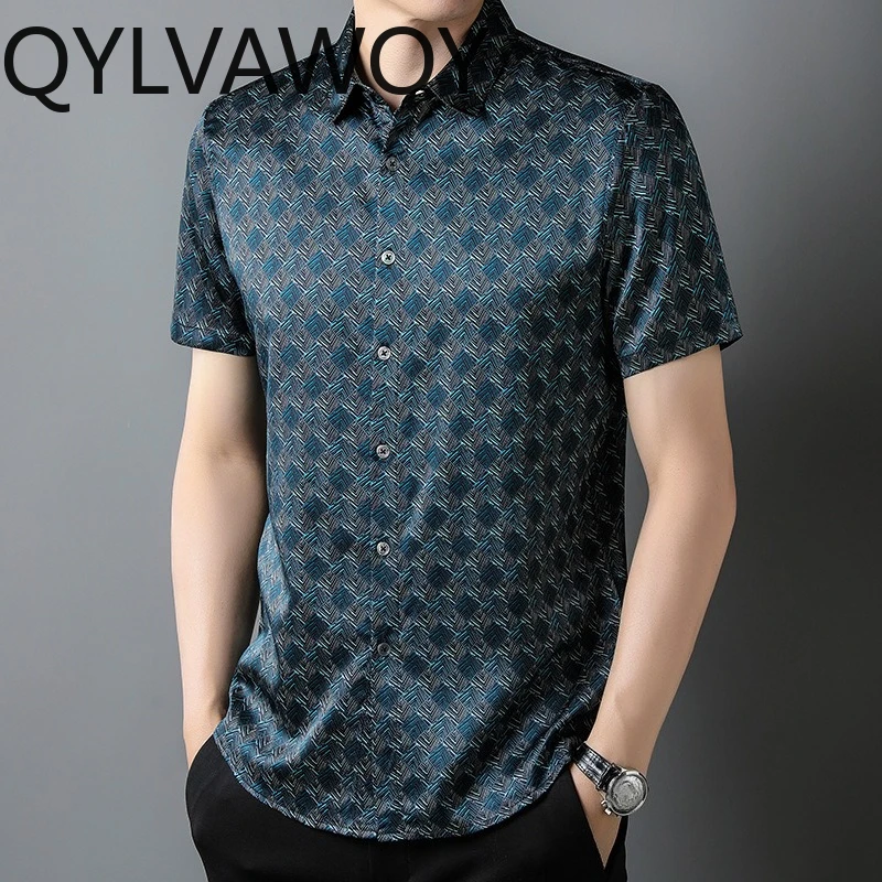 QYLVAWOY 93% Mulberry Silk Shirts for Man Summer Men's Shirts Printed Short Sleeve Shirt Tops Casual Menswear Clothing Premium