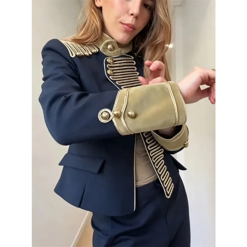 Guobioziy 2026 Women's Military Style Embroidery Short Jacket Elegant Stand Collar Outerwear Casual Coa
