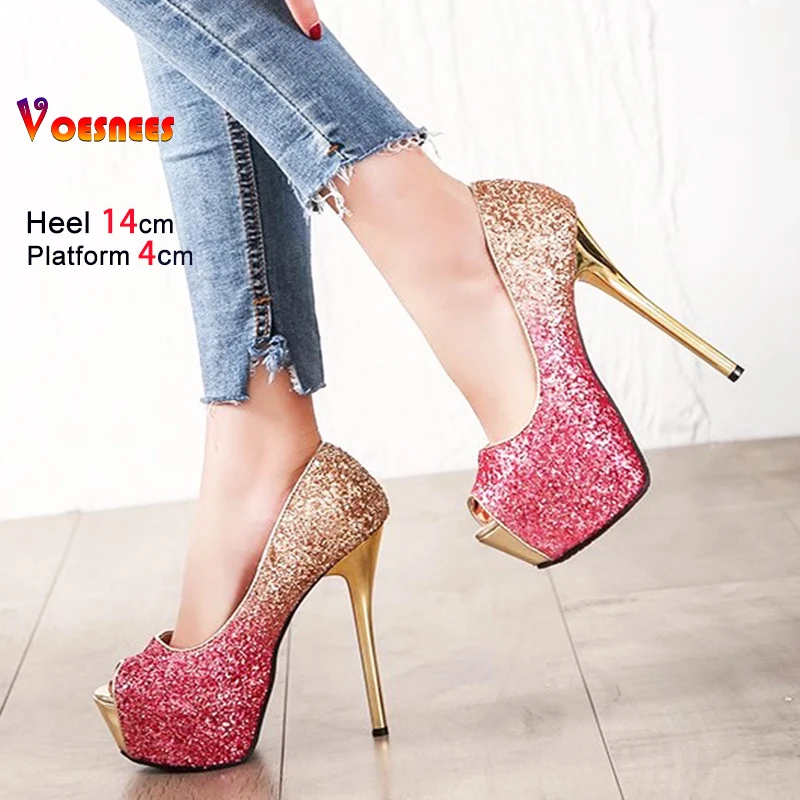 Sexy Peep Toe Shoes Women European And American Nightclub Blingbling Sequin High Heels Spring Autumn 12CM 14CM Stiletto Pumps