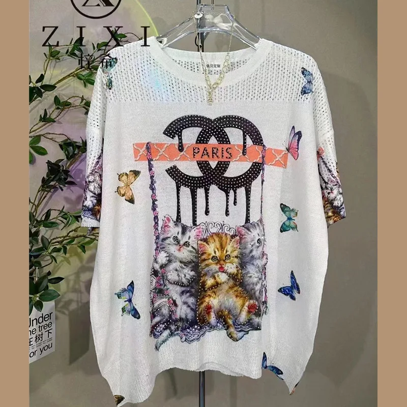 

Fashion Printed T Shirts Women Summer Clothes Thin Casual Cartoon Pattern Diamonds Beading Female Short Sleeve Loose Tops Tee