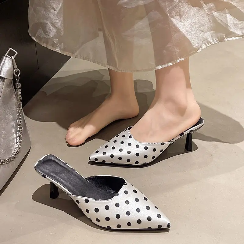 

New Vintage Polka Dot Pointed Toe Mules Ladies Kitten Heel Satin Comfy Casual Daily Shoes for Women Summer Fashion Heeled Sandal