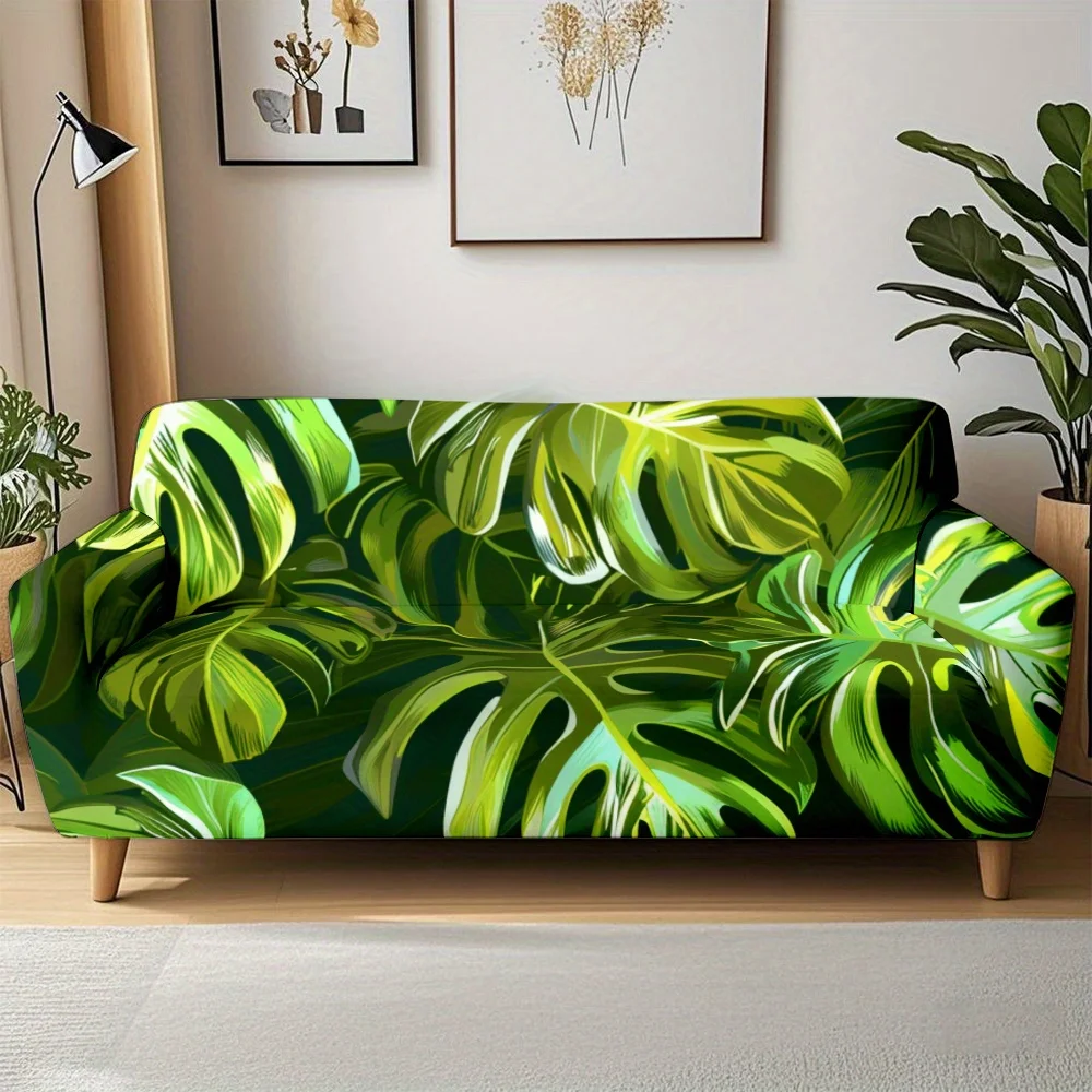 1pc Elastic Sofa Cover, Lush Green Monstera Palm Leaf Couch Cover for Home Decor, Removable Washable Furniture Protector