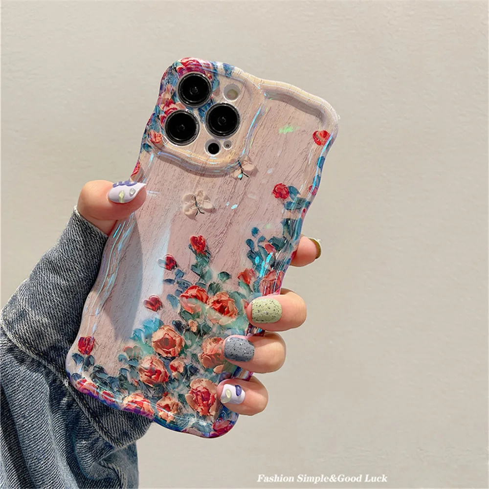 Ottwn Luxury Laser Oil Painting Flowers Phone Cases For iPhone 11 12 13 14 15 Pro Max Fashion Shockproof Soft Bumper Back Covers image 3