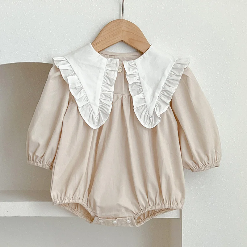 Autumn Newborn Kids Baby Girls Long Sleeve Sweet Solid Color Princess Rompers New Infant Baby Girls Rompers Clothes