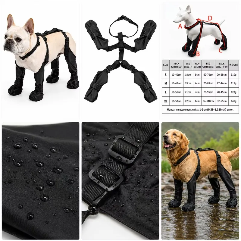 Waterproof Four-Leg Connected Dog Boots, Adjustable Anti-Slip Paw Protectors for Small and Medium Dogs, Rain Snow and Mud