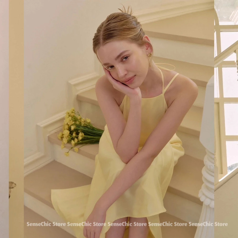 노란색 간단한 이브닝 드레스 여성 우아한 한국 홀터넥 a 라인 새틴 사진 촬영 공식 바닥 길이 행사 드레스 맞춤형