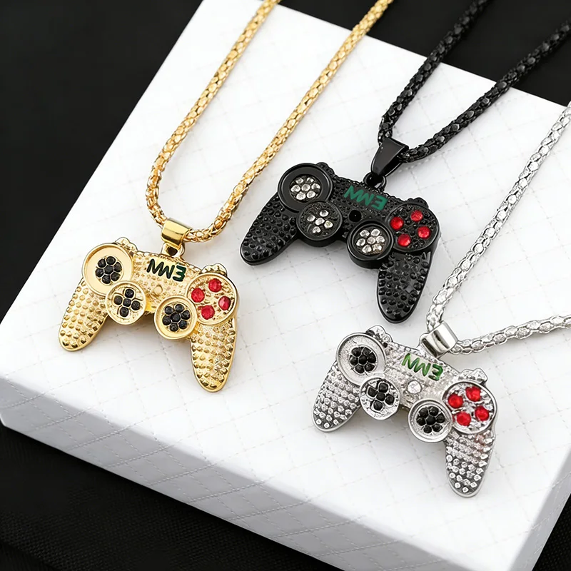 Hip Hop Black Gold Plated Crystal Game Controller Pendant Necklace For Men Boys Jewelry Birthday Gifts