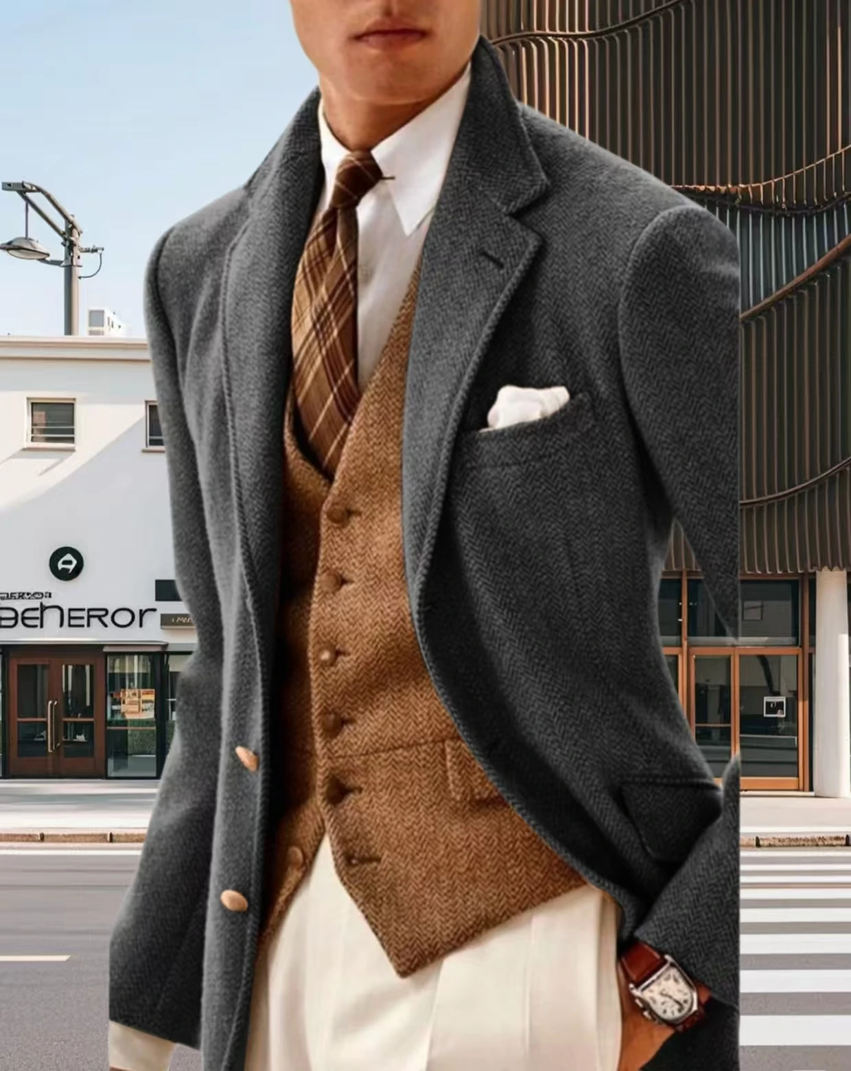 

Men's Long Formal Jacket Peak Lapel Trench Coat with Notch Lapels Herringbone Pattern Celebrity Inspired Fashion Outerwear